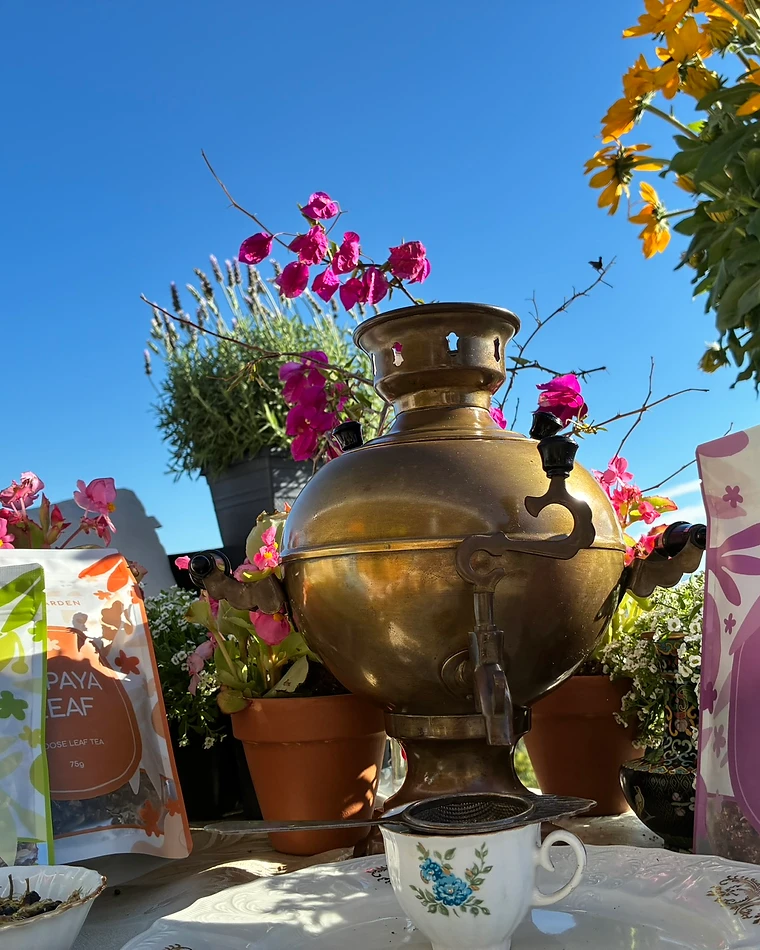 Dobry Garden teas beside the family samovar in golden afternoon light