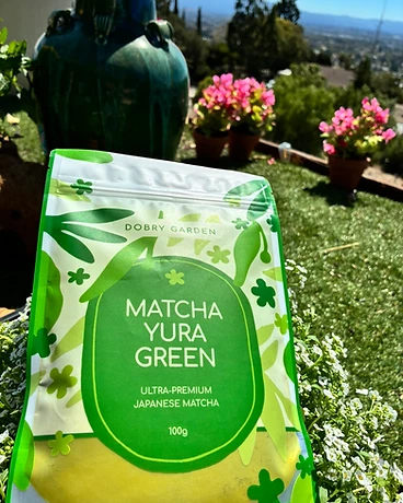 Matcha Yura Green — Ultra-Premium Japanese Matcha by Dobry Garden, photographed in the garden