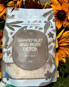 Grapefruit & Rose Detox Bath Salts — Bath Salts by Dobry Garden, photographed in the garden