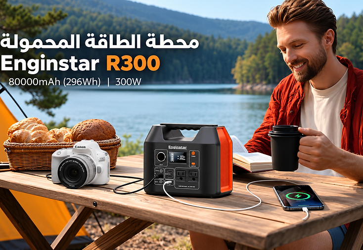 Enginstar R300 portable power station powering devices at a lakeside camp
