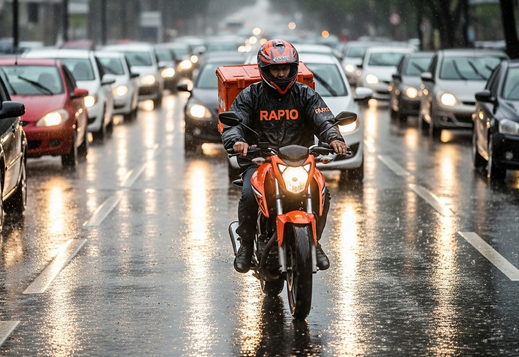 Motoboy da Rap 10 Express trabalhando em dia de chuva