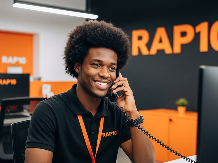 Atendente da Rap 10 Express no escritório, ao telefone