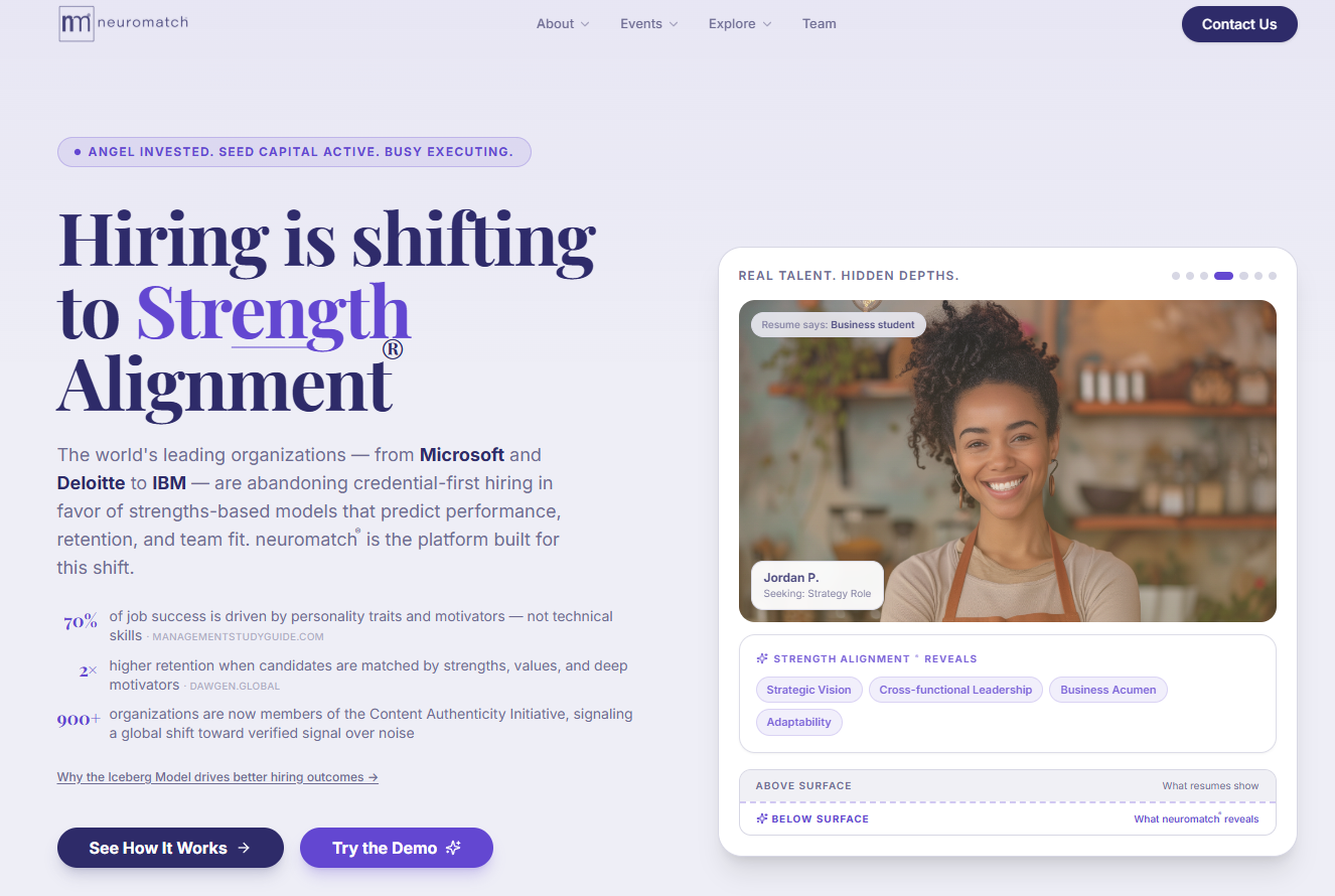 NeuroMatch platform screenshot showing Strength Alignment hiring interface with hiring is shifting to Strength Alignment headline