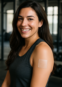 Smiling gym enthusiast with PACHEEZ patch on her arm