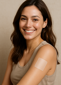Woman with a clear transparent patch on her arm in a gym setting