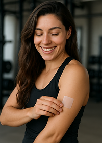 Adult woman smiling while looking at her PACHEEZ patch on her arm