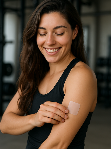 Adult woman living her daily life with a PACHEEZ patch discreetly on her arm