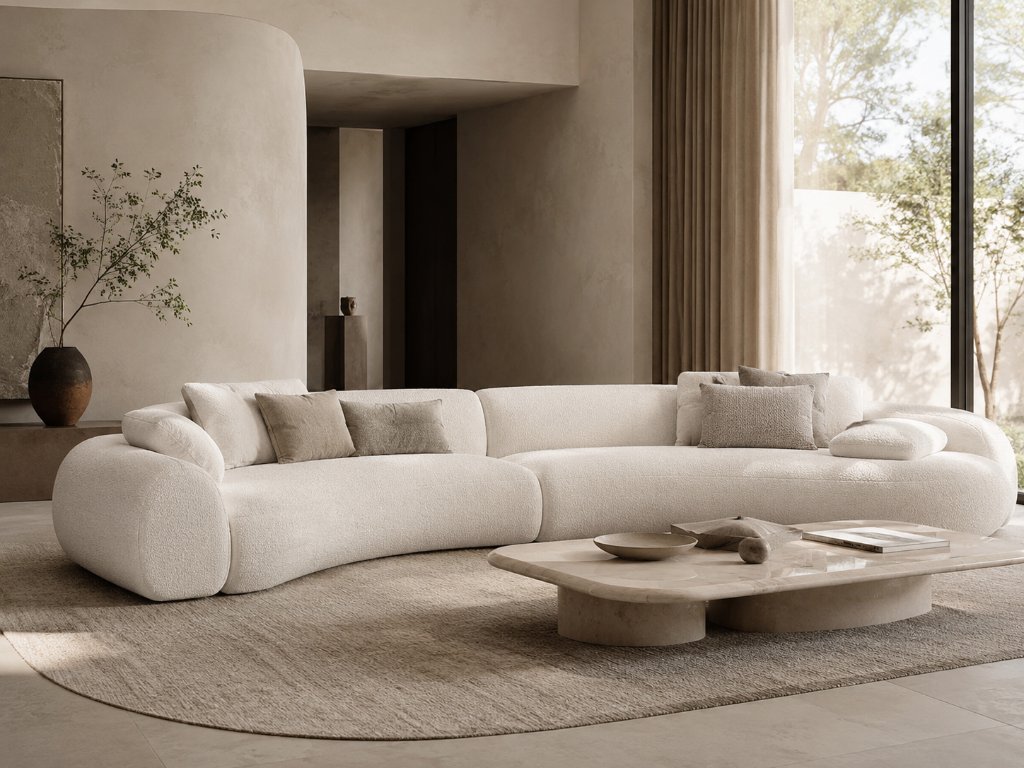 Elegant beige designer sofa in a premium contemporary interior