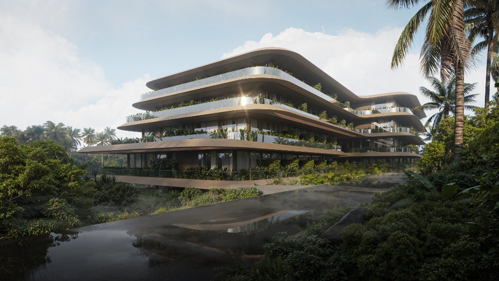 Luna Residences arrival entrance through tropical Bali landscaping