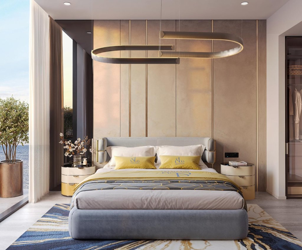 Jacob & Co. Residences master bedroom in coastal minimalism with sea view