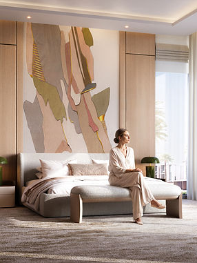 Primary suite with sculptural headboard