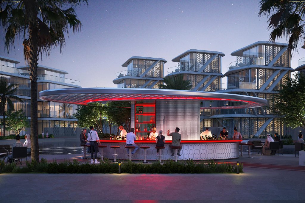 Central landscaped promenade and bar at dusk, Tonino Lamborghini Residences