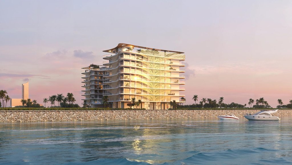 Jacob & Co. Residences Al Marjan Island waterfront exterior at sunset, Ras Al Khaimah