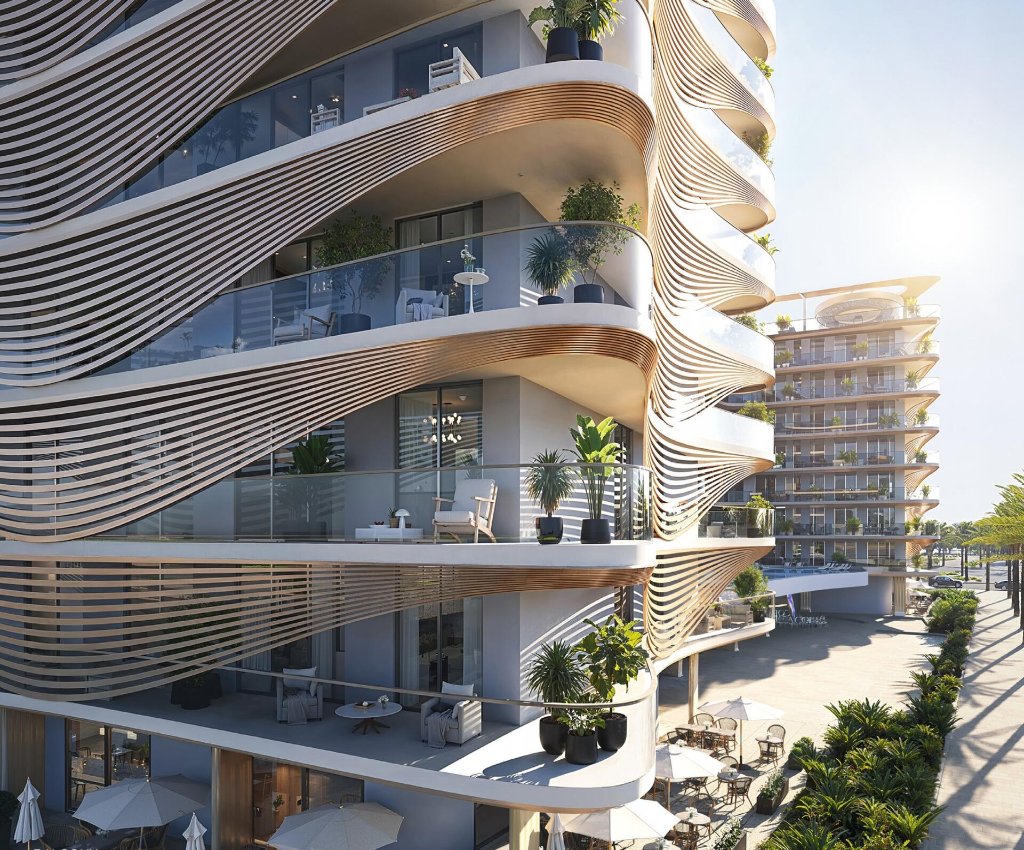 Jacob & Co. Residences curved facade detail with landscaped balconies, Al Marjan Island