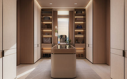 Walk-in dressing room with integrated LED shelving