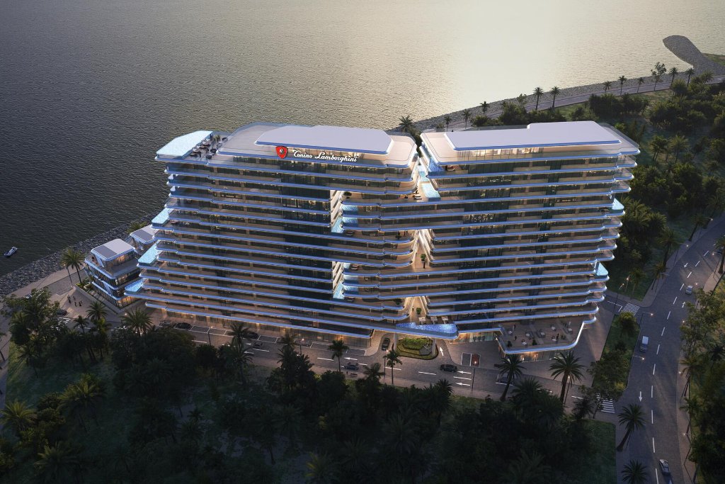 Aerial view of Tonino Lamborghini Residences on the Al Marjan Island shoreline