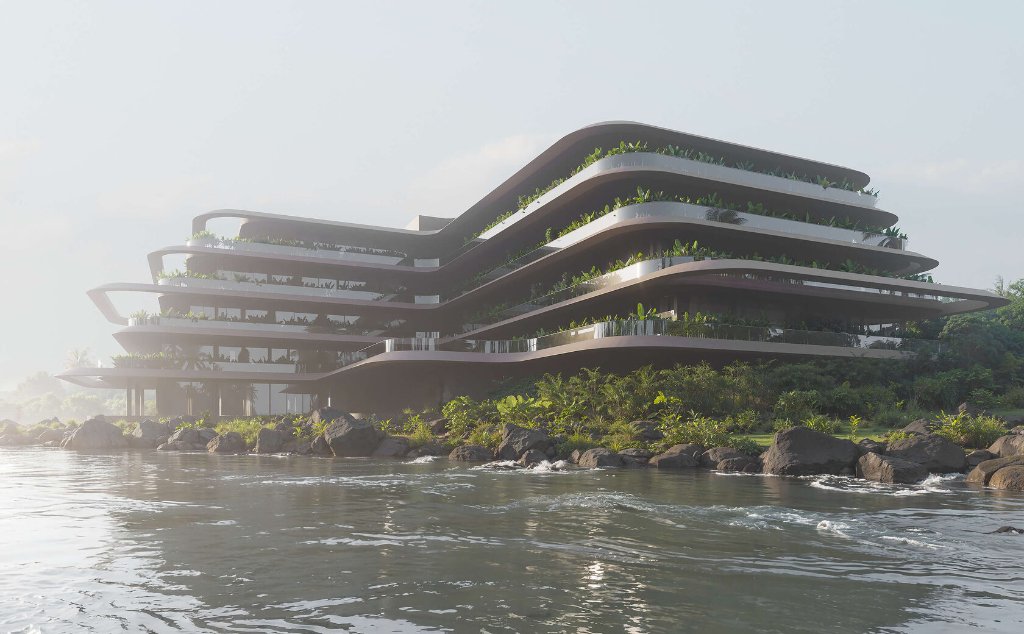 Luna Residences Bali — YODEZEEN fluid terraced architecture seen from the river