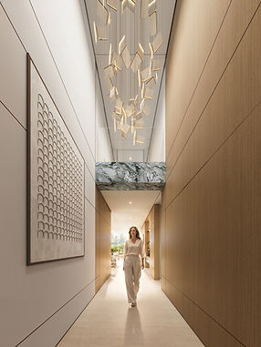 Atrium with suspended glass-tile chandelier