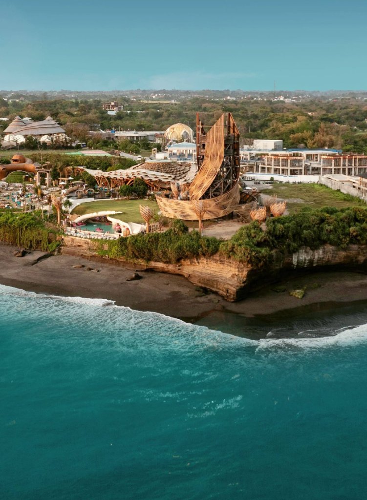 Luna Beach Club — aerial portrait over the black sand beach