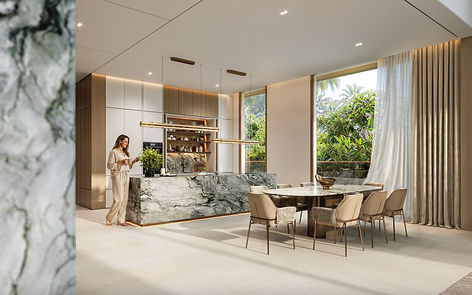 Kitchen and dining with veined marble island