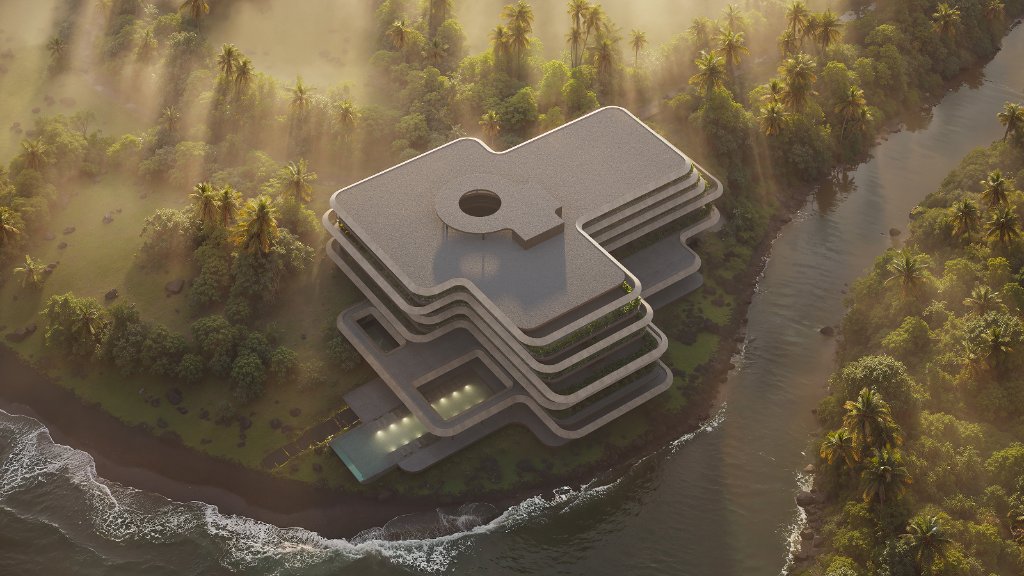 Luna Residences aerial view at sunset over Nuanu, Bali beachfront
