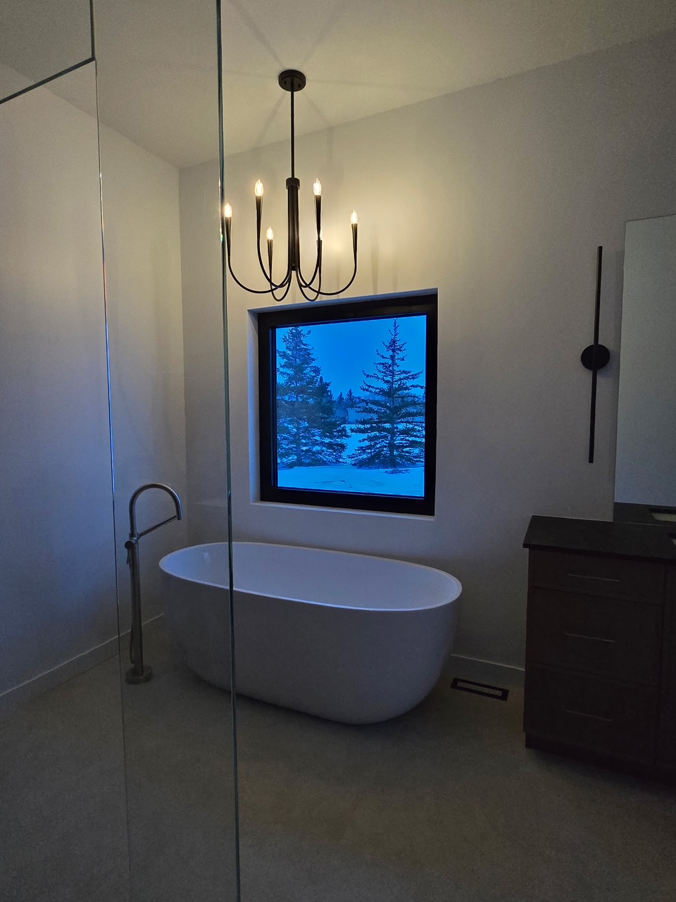 Custom glass shower enclosure beside a freestanding tub in a modern Manitoba bathroom