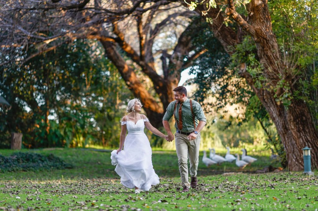 Couple walking in garden