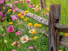 Rustic wooden picket fence with flowers