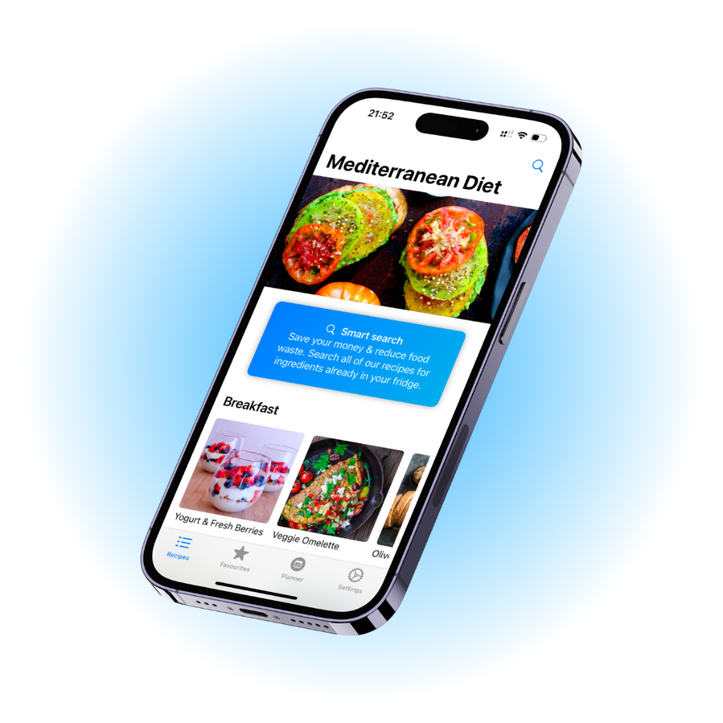 Mediterranean Diet Meal Plan iOS app showing recipe search, weekly meal plans, and breakfast options