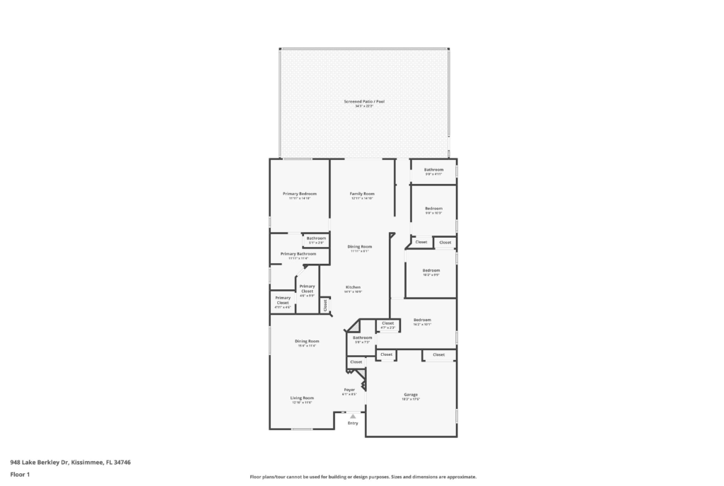 Floor plan of 948 Lake Berkley Drive – 4 bed, 3 bath, 2340 sq ft single story