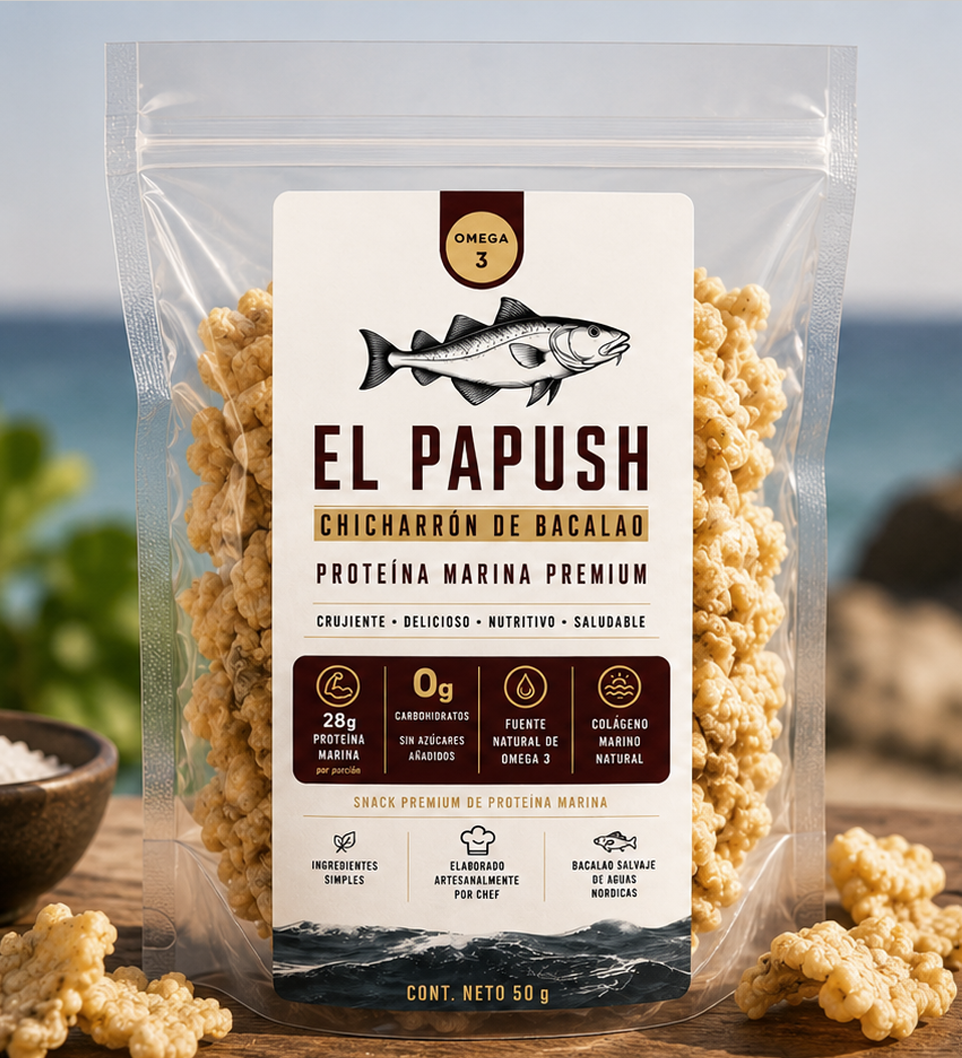 Bolsa de El Papush, chicharrón de bacalao, 50 gramos