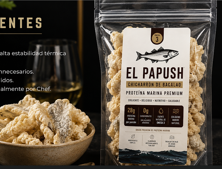 Chicharrón de bacalao El Papush servido en un tazón junto a la bolsa, con limón
