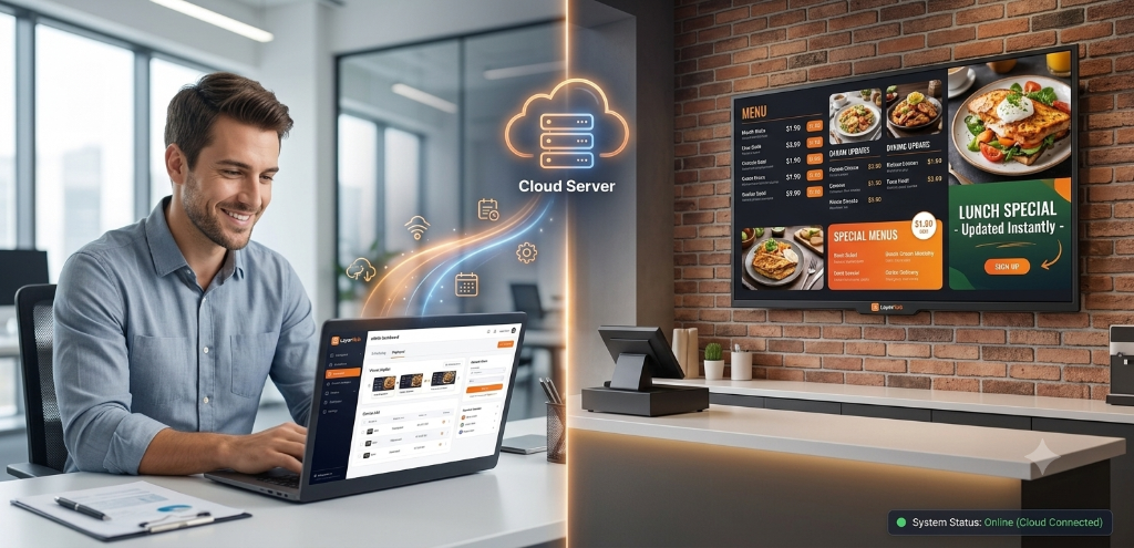 LayarHub cloud digital signage dashboard managing a restaurant menu board synced to a TV screen