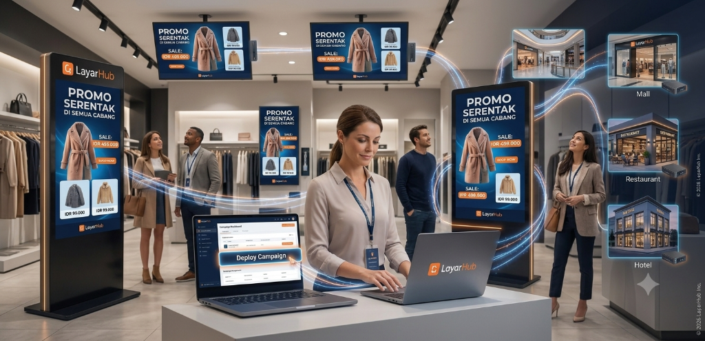 A discount promo campaign pushed simultaneously to many digital screens in malls, restaurants, and hotels from one dashboard