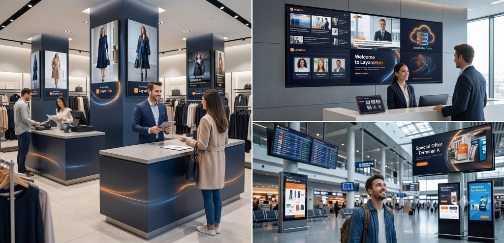 Digital welcome screen at a reception lobby and an information kiosk at an airport terminal