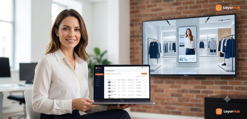 Fashion store manager using the LayarHub content dashboard on a laptop with product promo screens behind