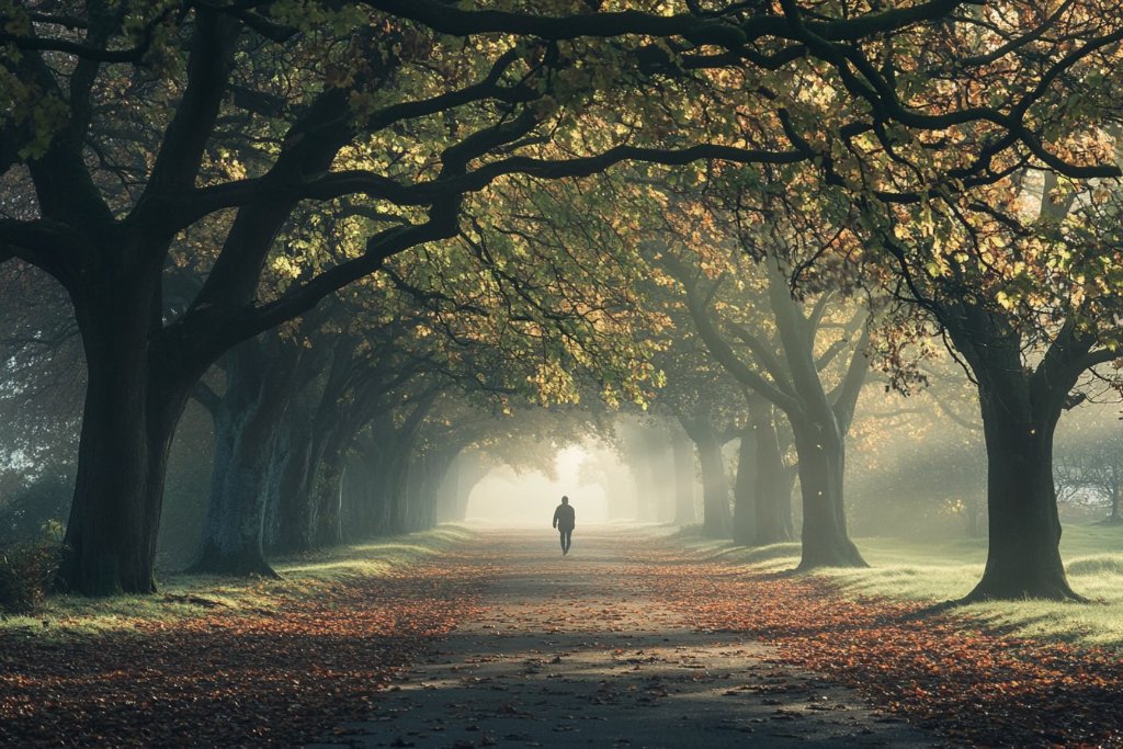 A person walking down a tree-lined path with autumn light filtering through