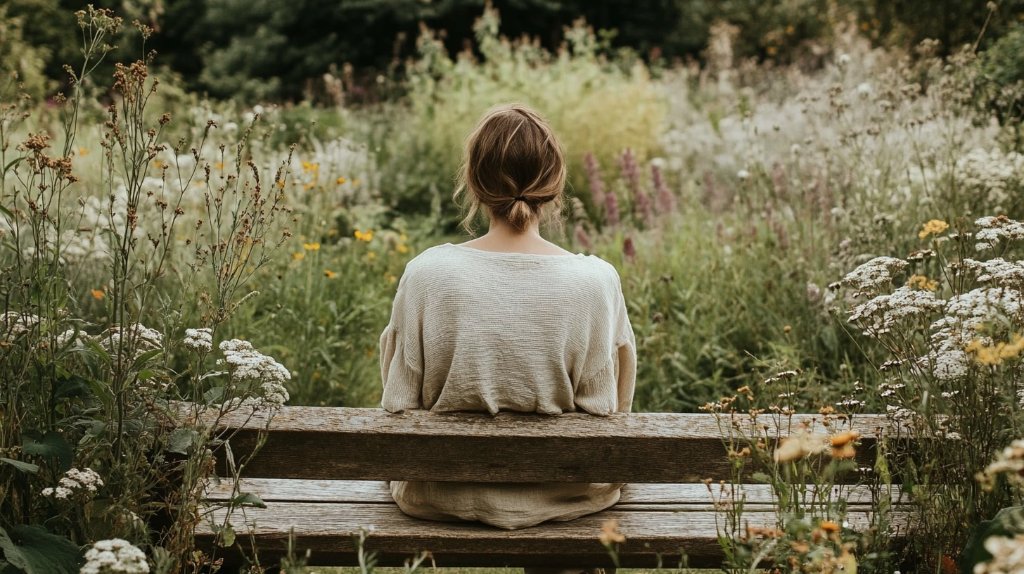 A woman sitting peacefully on a wooden bench in a meadow of wildflowers