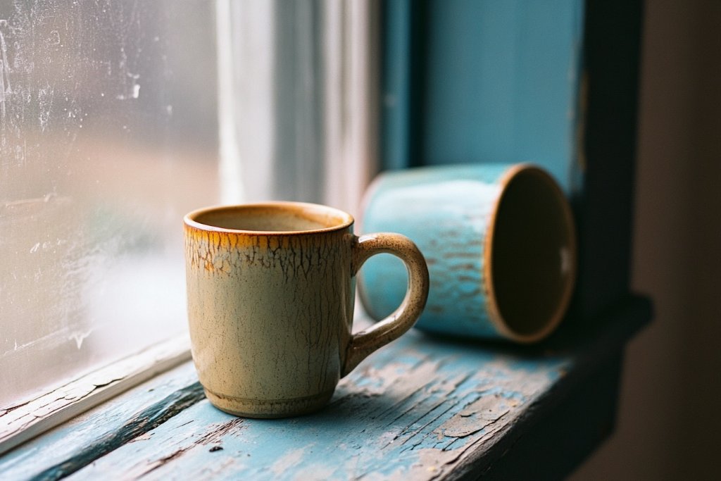Two ceramic mugs resting on a worn windowsill