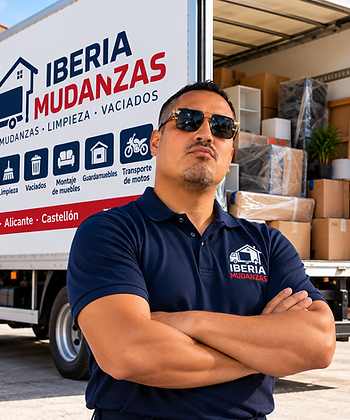 Trabajador de Iberia Mudanzas cargando mobiliario frente al camión