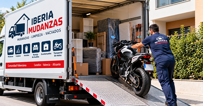 Camión de Iberia Mudanzas cargando muebles y una motocicleta