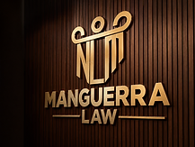 Manguerra Law emblem — metallic gold monogram on dark wood, conveying authority and professionalism
