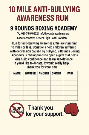 10 Mile Anti-Bullying Awareness Run sponsorship sheet