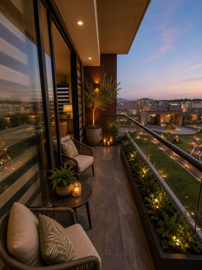 Terraza nocturna con jardines y árboles iluminados