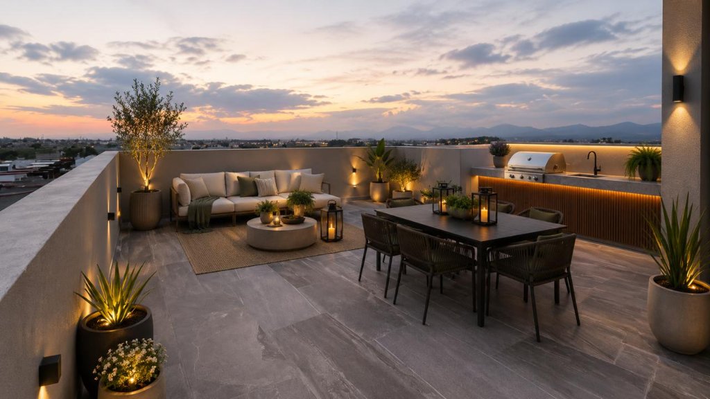 Roof garden con vista panorámica al amanecer