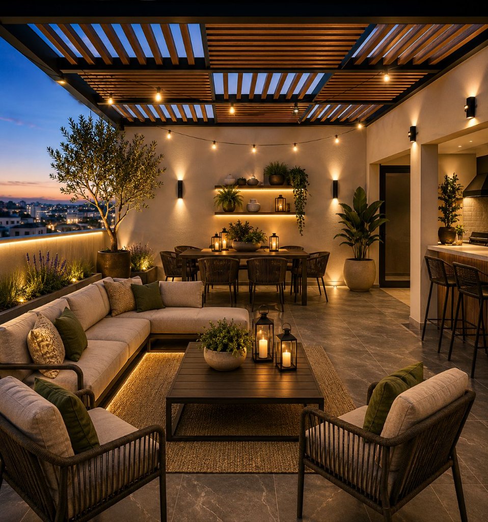 Terraza pergolada con iluminación nocturna y jardín
