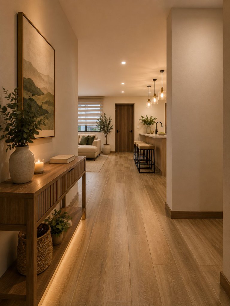 Pasillo interior de madera con sala al fondo