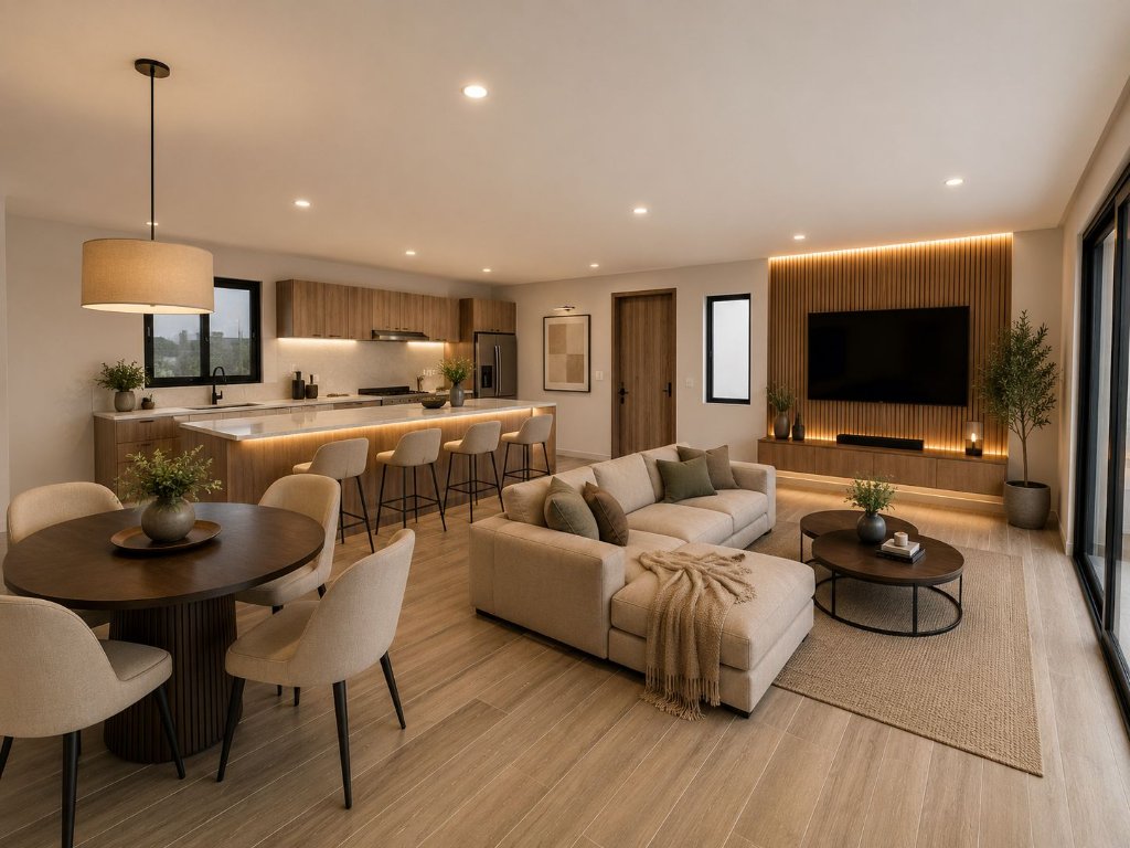 Sala comedor integrada con cocina en proyecto TEMBO