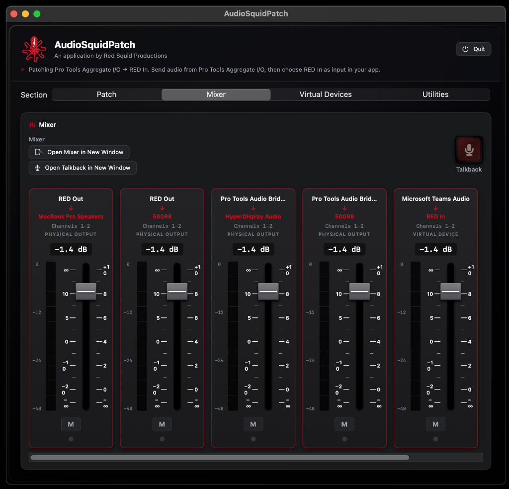 AudioSquidPatch mixer with meters and faders