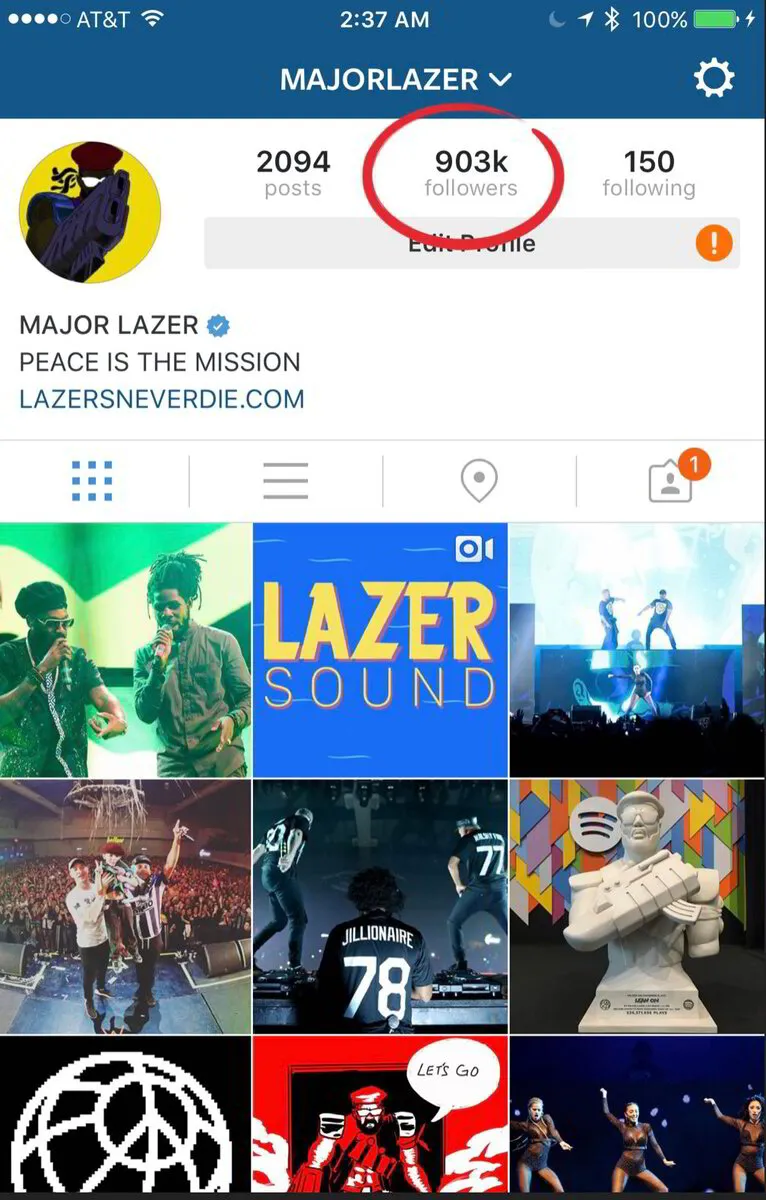 Major Lazer’s Instagram at 903K followers, viewed from the admin account